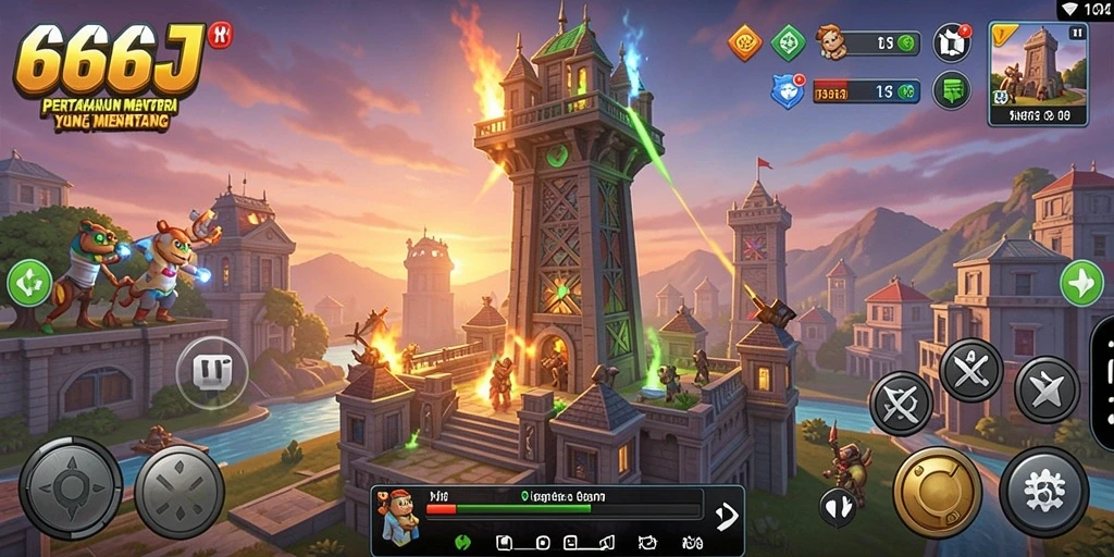 Screenshot gameplay 666J menampilkan pertahanan menara yang strategis.