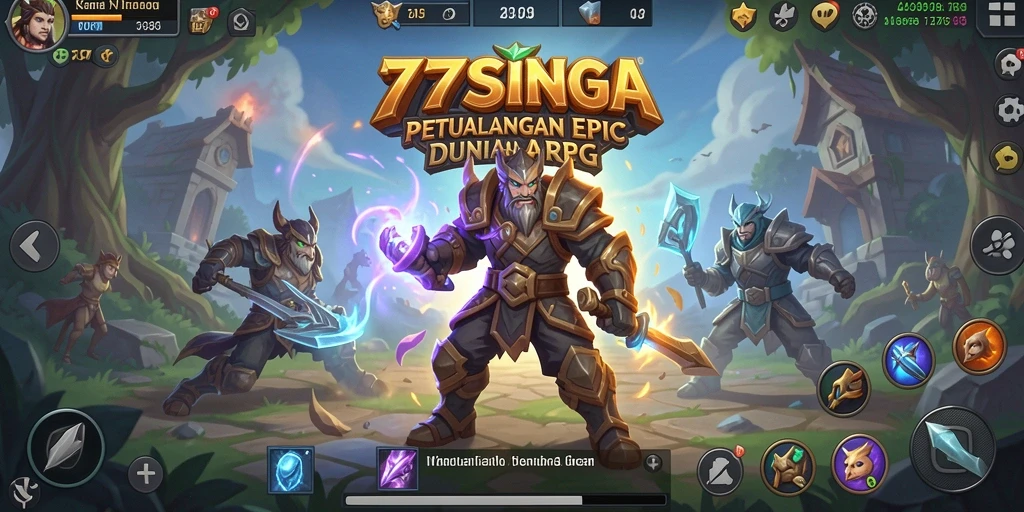 Screenshot gameplay 77SINGA menampilkan pertarungan epik antara pahlawan dan monster.