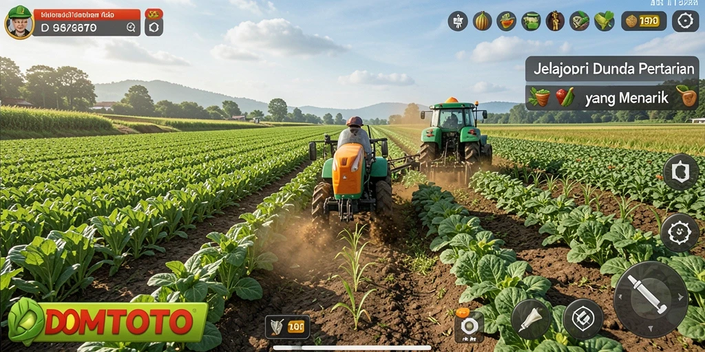 Screenshot menunjukkan pengalaman bermain di ladang pertanian yang indah.
