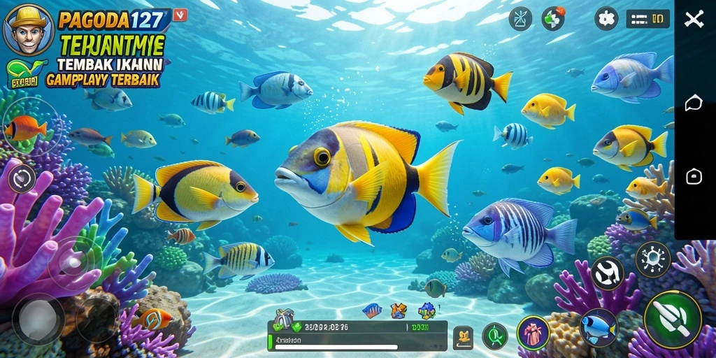 Screenshot utama PAGODA127 menunjukkan aksi menangkap ikan yang seru.